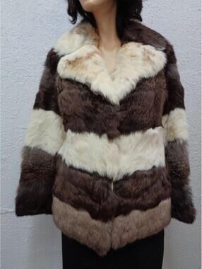 PRE-OWNED BROWN & WHITE RABBIT FUR JACKET COAT WOMEN WOMAN SIZE 4 PETITTE